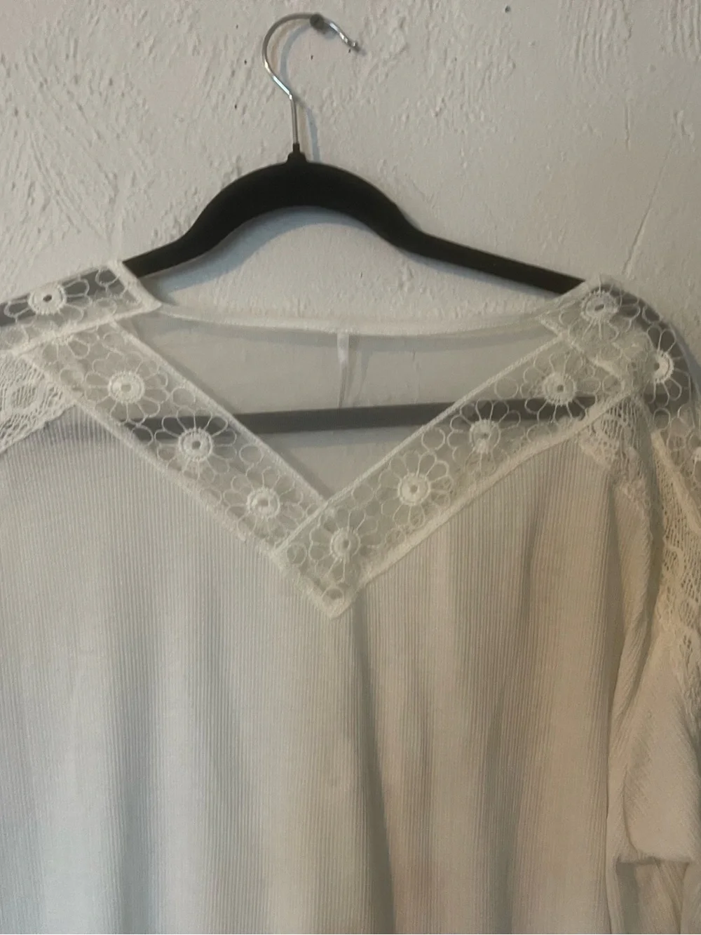 Free People Ivory Lace-Trim V-Neck Long Sleeve Top
